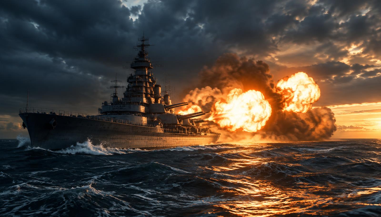A battleship firing a full broadside at sunset