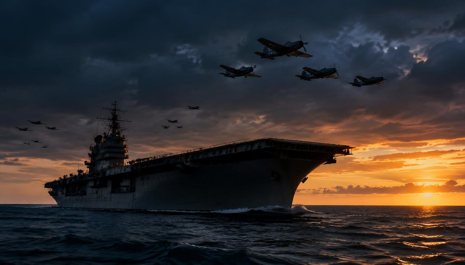 An aircraft carrier at dusk with squadrons overhead