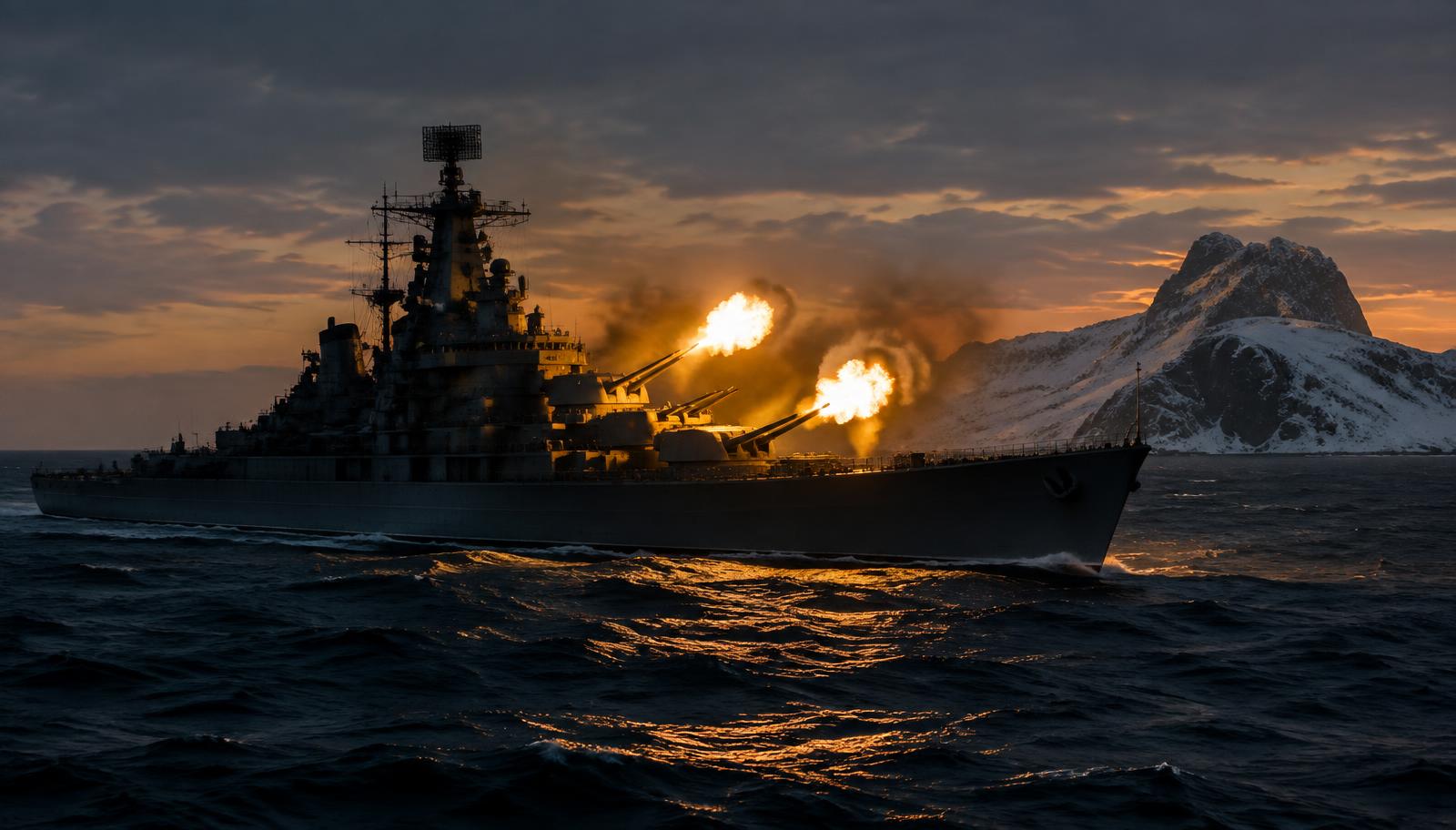 A cruiser firing its guns beside a snowy island