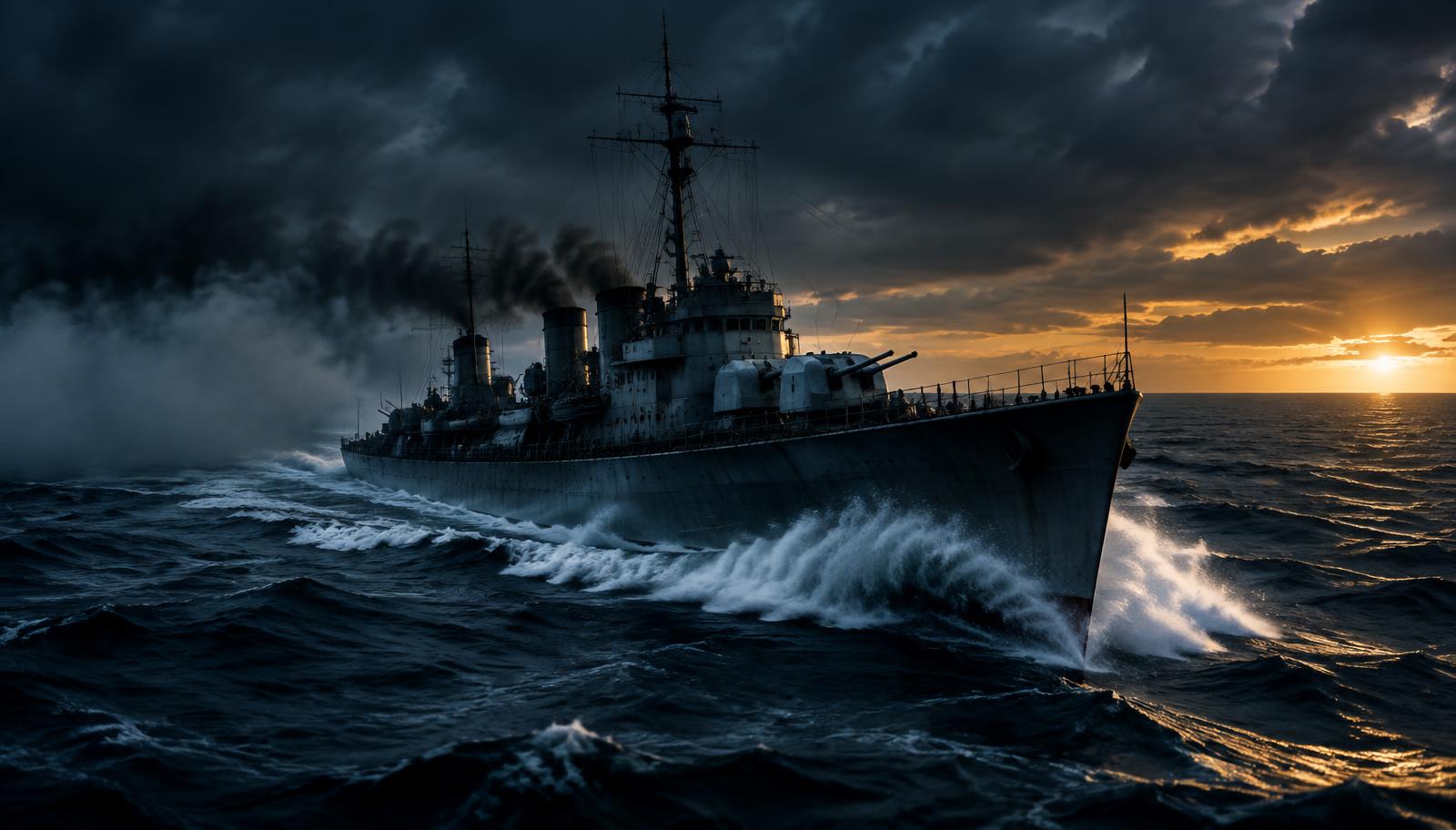 A destroyer cutting through stormy seas at dusk