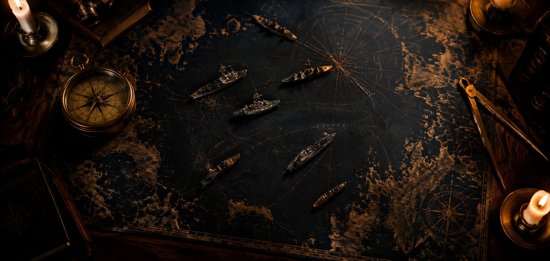 A naval tactical map table with brass compass and ship figures