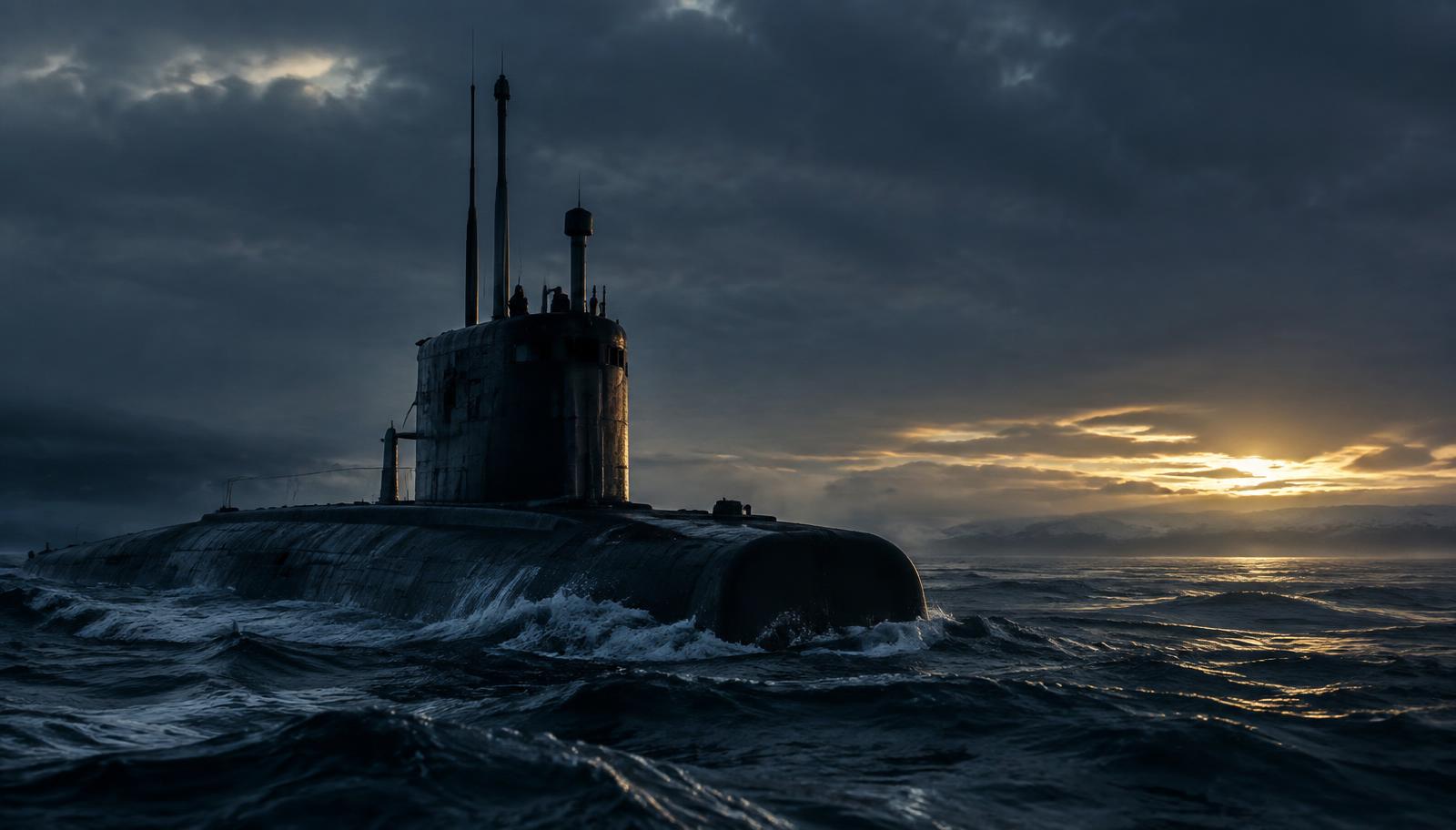 A submarine surfacing in dark northern waters